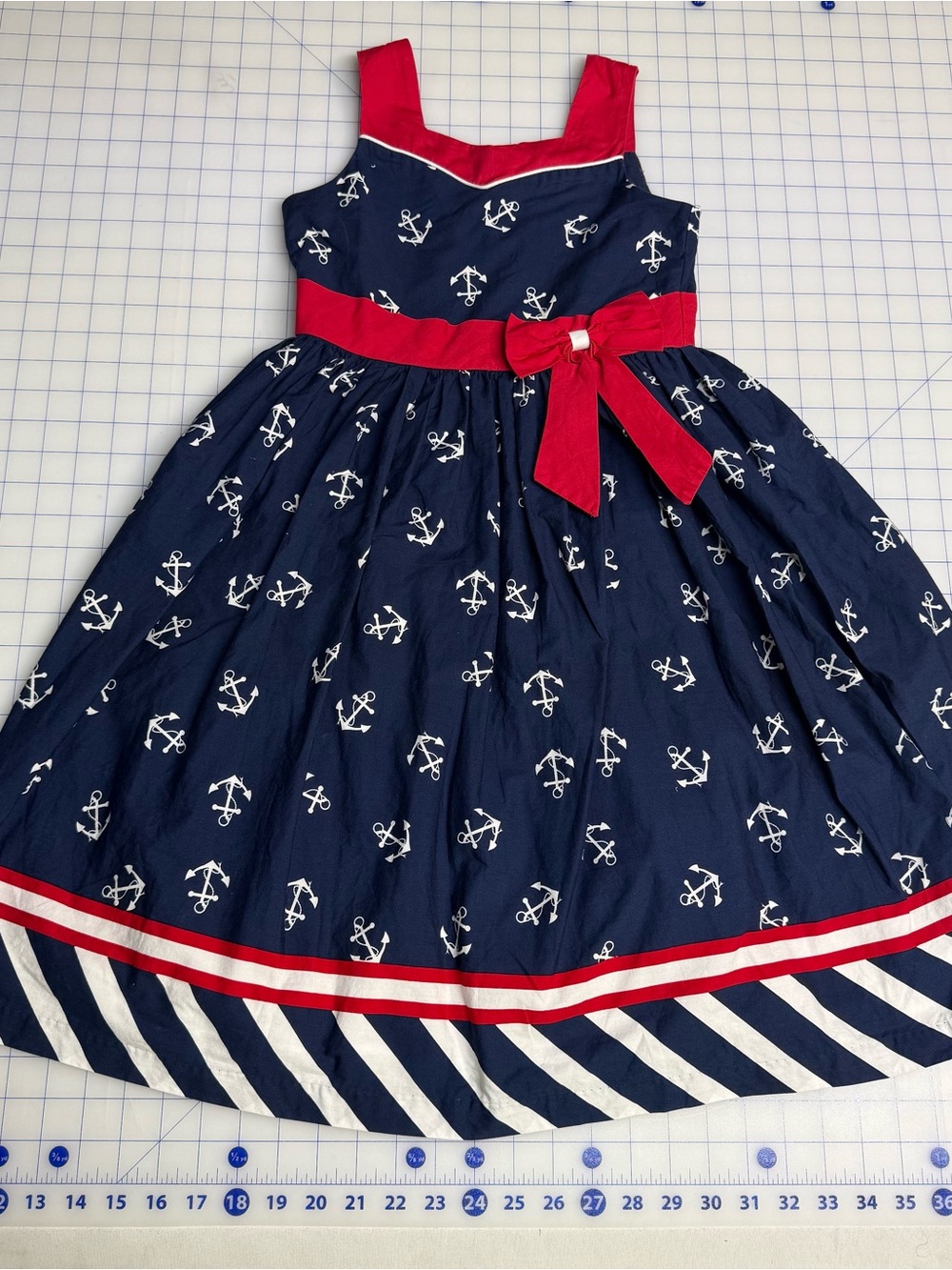 Girls Size 10 Dress Jayne Copeland Red White and Blue Anchor Nautical Red Bow